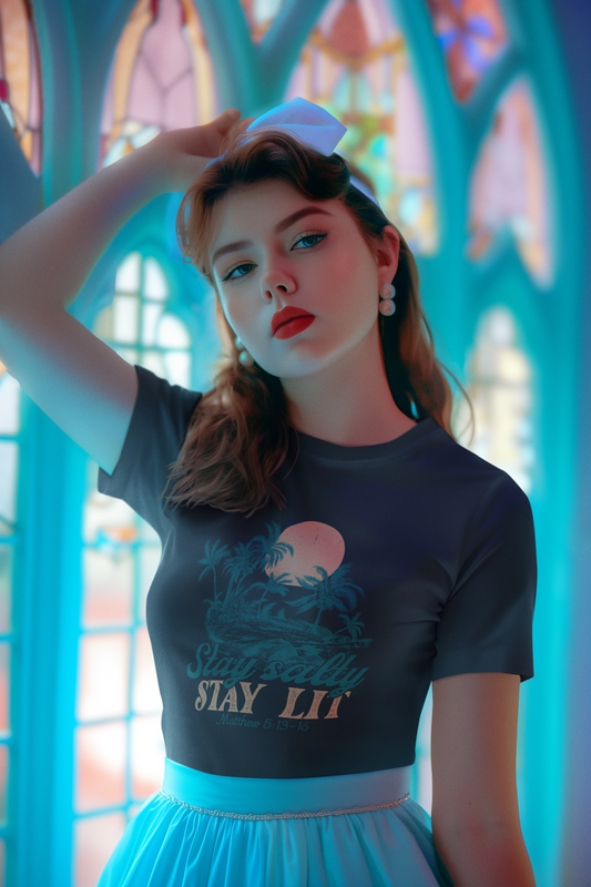 Woman wearing a dark gray t-shirt with graphic design and text, standing in front of stained glass windows.